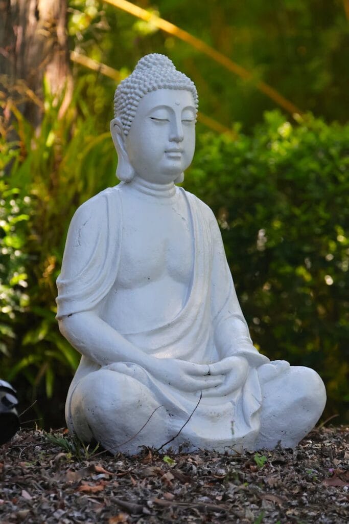 pexels-photo-19854414-19854414 Tranquil white Buddha statue situated in a lush garden setting.
